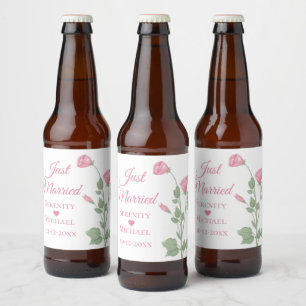 Spring Floral Pink Flowers Just Married Wedding Beer Bottle Label