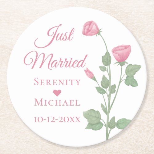 Spring Floral Pink Flowers Just Married Wedding Round Paper Coaster