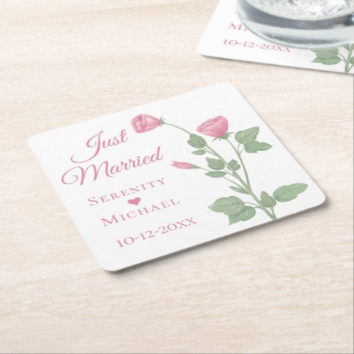Spring Floral Pink Flowers Just Married Wedding Square Paper Coaster
