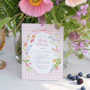 Spring Floral Pink Gingham Baby Shower Invitation