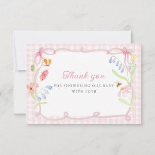Spring Floral Pink Gingham Baby Shower Thank You Card