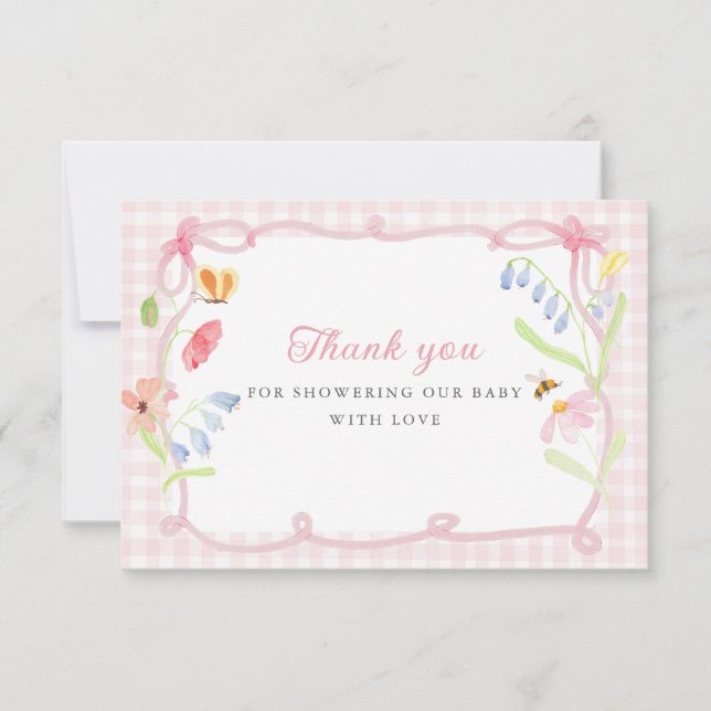 Spring Floral Pink Gingham Baby Shower Thank You Card (Front)