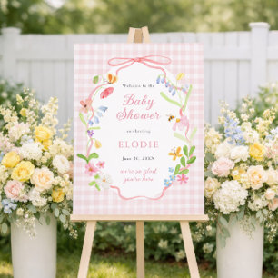 Spring Floral Pink Gingham Baby Shower Welcome Foam Board