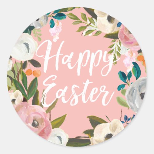 Spring Floral Pink Happy Easter Classic Round Sticker
