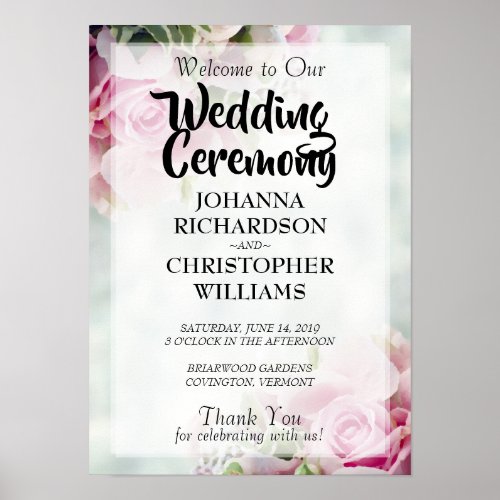 Spring Floral Pink Roses  Peonies Wedding Welcome Poster
