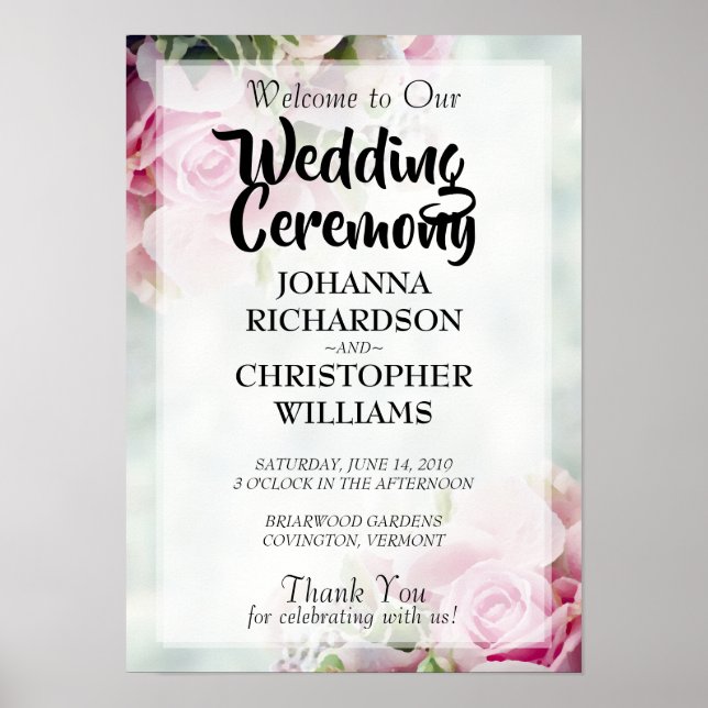 Spring Floral Pink Roses & Peonies Wedding Welcome Poster (Front)