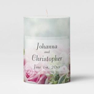 Spring Floral Pink Roses & Peony Buds Wedding Pillar Candle