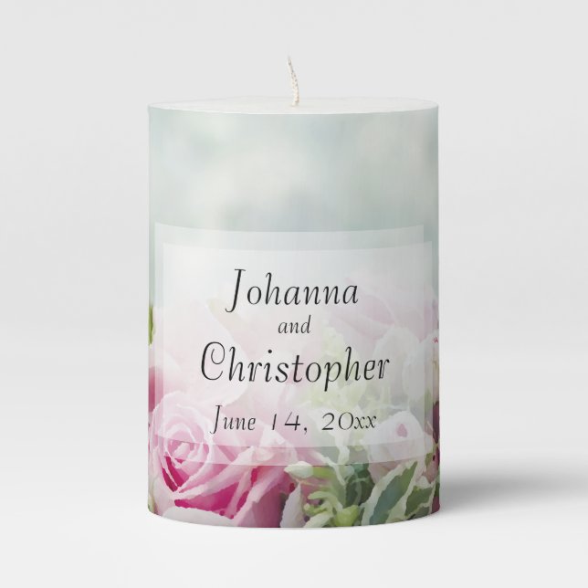 Spring Floral Pink Roses & Peony Buds Wedding Pillar Candle (Front)