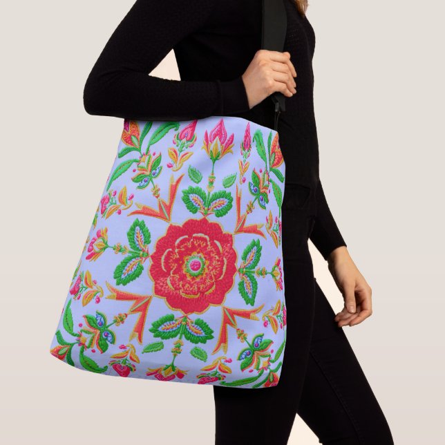 Spring Floral Print Crochet Effect Crossbody Bag (Close Up)