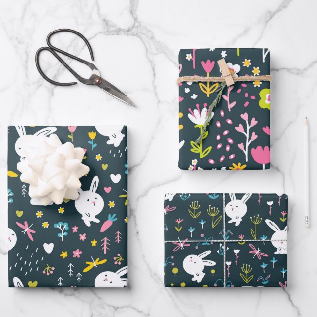 Spring Floral Rabbits Wrapping Paper Set of 3 (Front)