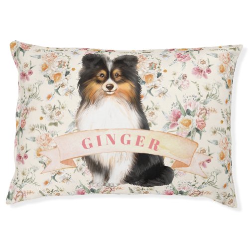 Spring Floral Sheltie  Tri_Color  Personalized  Pet Bed