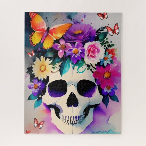 Spring Floral Skull with Butterflies Watercolor Jigsaw Puzzle