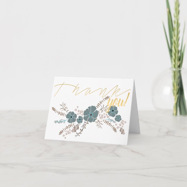 Spring Floral Teal Pink Gray Flower Motif Thank You Card (Front)