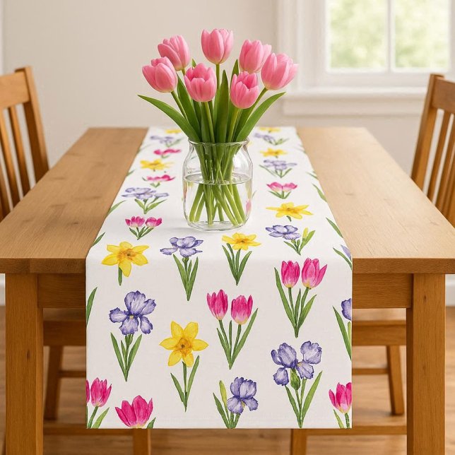 Spring Floral Tulips Daffodils Irises  Short Table Runner (Mockup of spring floral table runner.  Not actual size of runner, shown wider that actual )