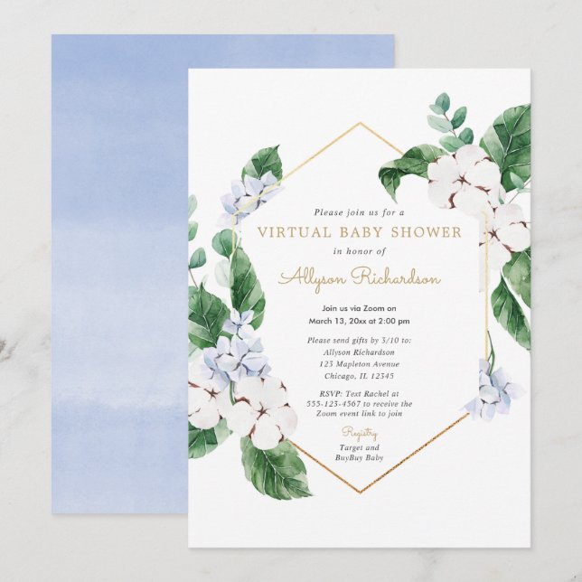 Spring floral Virtual Baby Shower blue white gold Invitation (Front/Back)