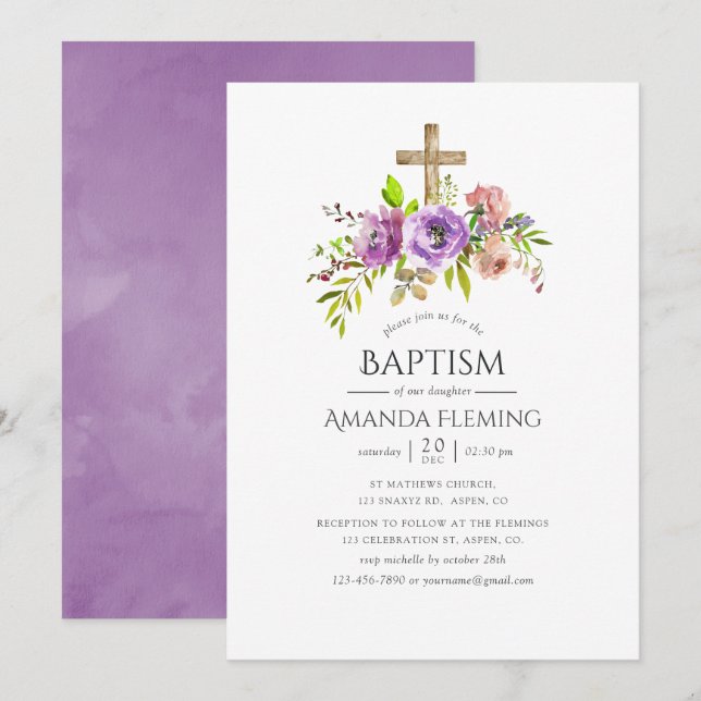 Spring Floral Watercolor Baptism or Christening Invitation (Front/Back)