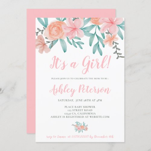 Spring floral watercolor coral bouquet baby shower invitation