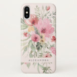 Spring Floral | Watercolor Flowers with your Name iPhone X Case<br><div class="desc">This stylish case features trendy watercolor flowers on a blush pink background.</div>
