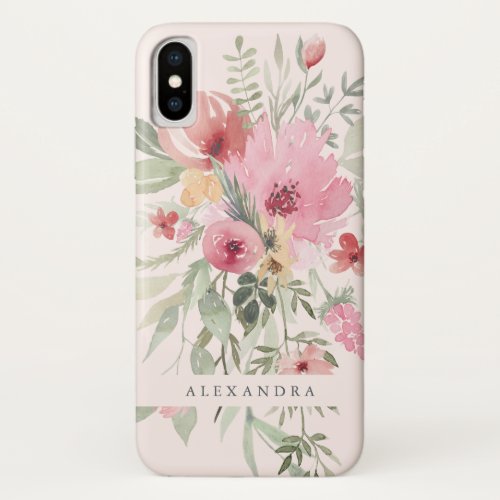 Spring Floral  Watercolor Flowers with your Name iPhone X Case