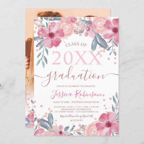 Spring floral watercolor photo graduation invitation