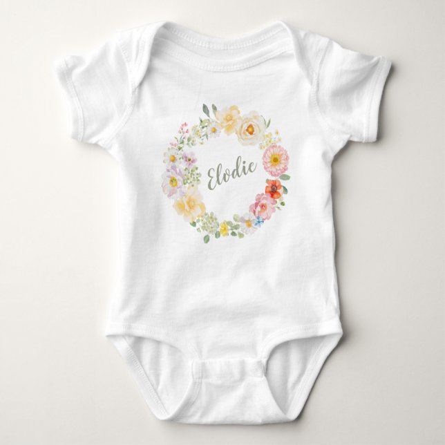 Spring Floral Watercolor Wreath Boho Personalized  Baby Bodysuit (Front)