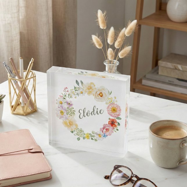 Spring Floral Watercolor Wreath Boho Personalized  Paperweight (Creator Uploaded)