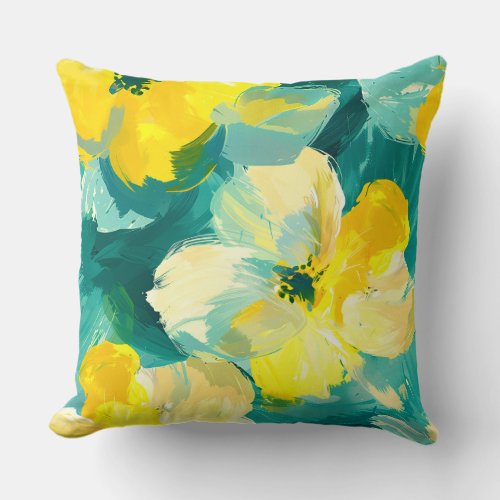 Spring Floral Watercolor Yellow Light Teal Throw Pillow
