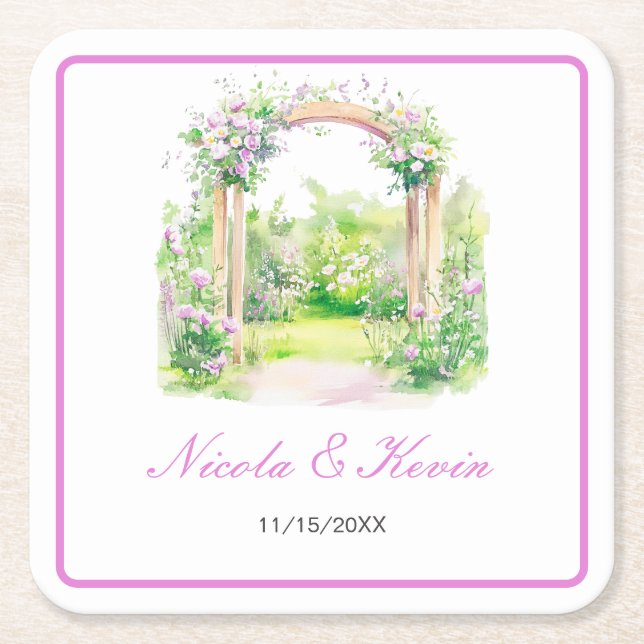 Spring Floral Wedding Arch Square Paper Coaster (Front)