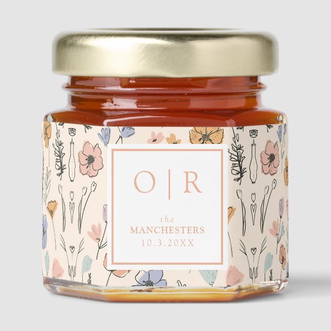 Spring Floral Wedding Favor Monogram Honey Jars (Front)