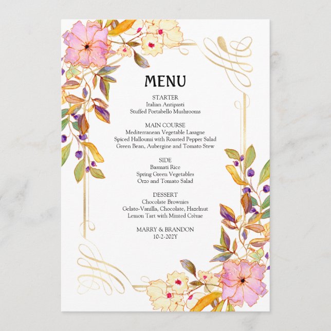 Spring Floral Wedding Menu Card (Front)