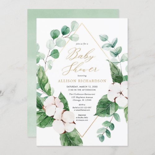 Spring floral white greenery gold baby shower invitation