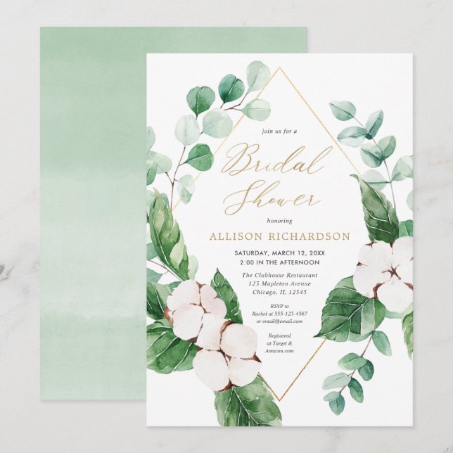 Spring floral white greenery gold elegant bridal invitation (Front/Back)