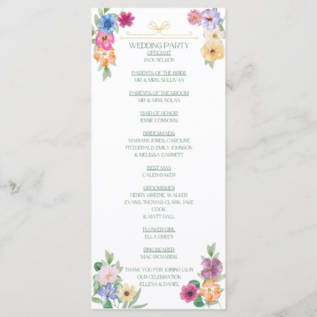 Spring Floral wildflower wedding program (Back)