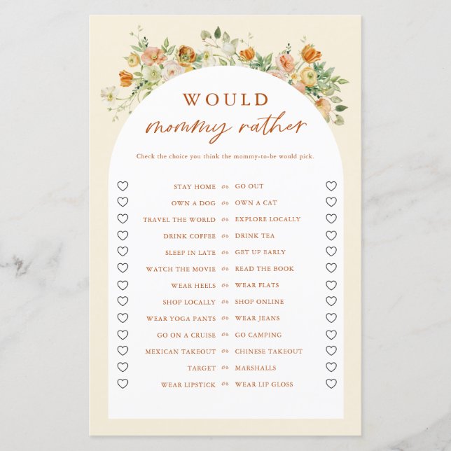 Spring Floral Would Mommy Rather Baby Shower Game (Front)