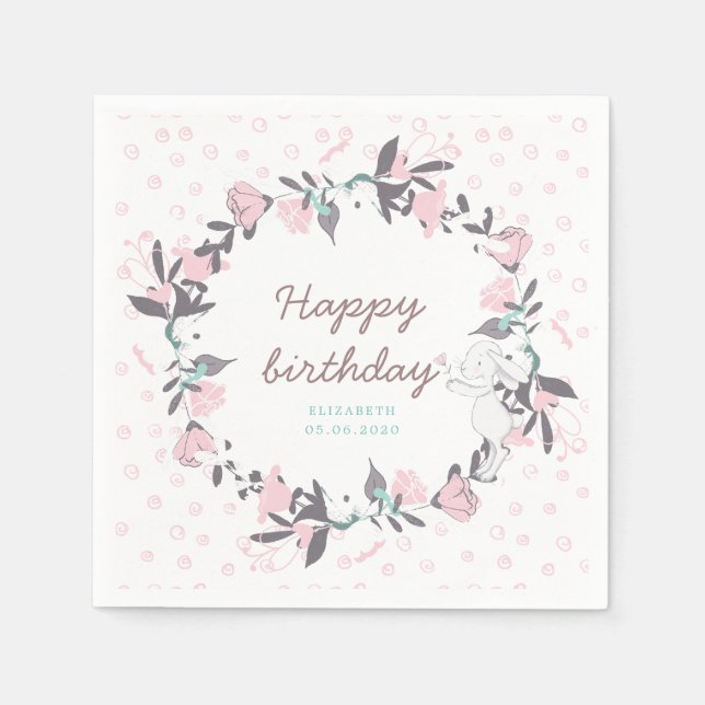 spring floral wreath and bunny happy birthday napkins (Front)