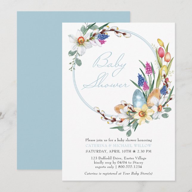 Spring Floral Wreath and Easter Themed Baby Shower Invitation (Front/Back)