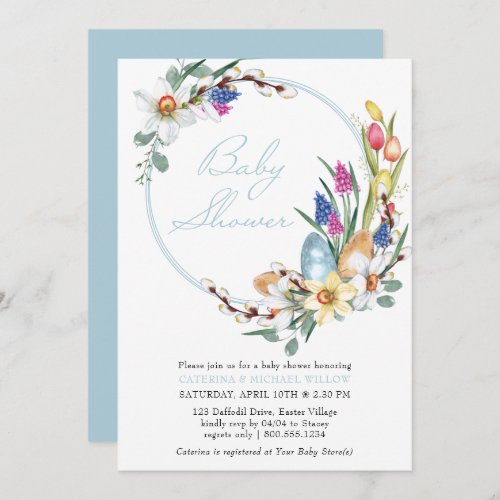 Spring Floral Wreath and Easter Themed Baby Shower Invitation