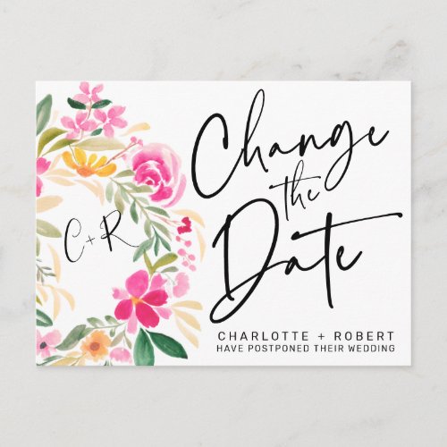 Spring floral wreath chic wedding change the date announcement postcard