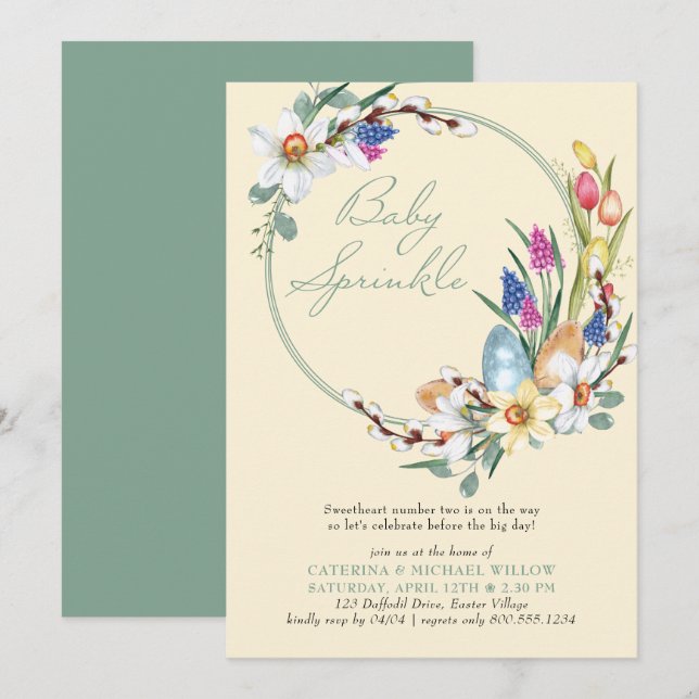 Spring Floral Wreath Easter Theme Baby Sprinkle Invitation (Front/Back)