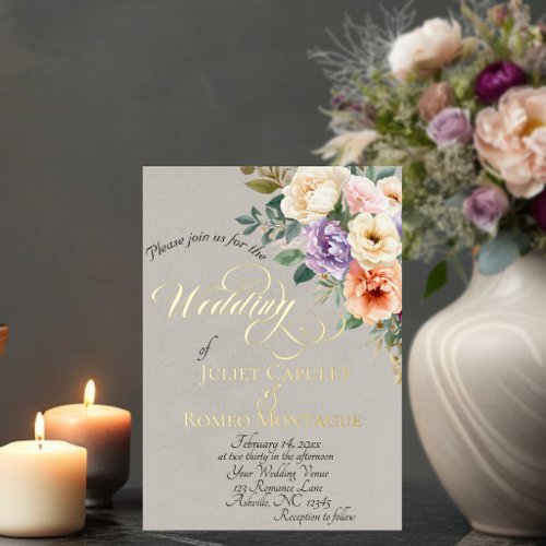 Spring Floral &amp; Wreath Monogram - Beige Foil Invitation