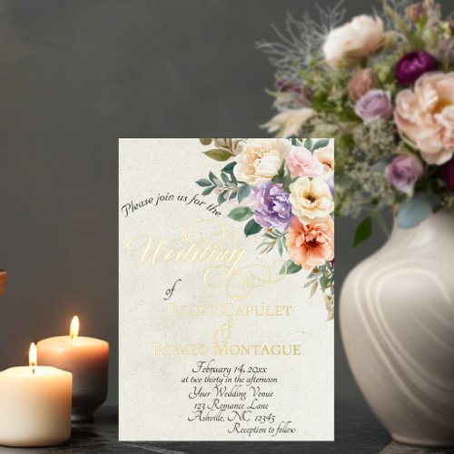 Spring Floral &amp; Wreath Monogram - Cream Foil Invitation