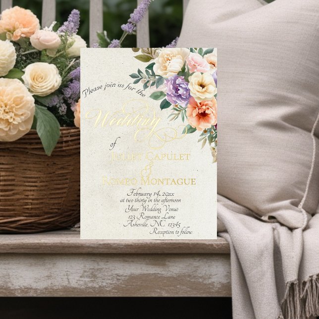 Spring Floral & Wreath Monogram - Cream Foil Invitation (Creator Uploaded)