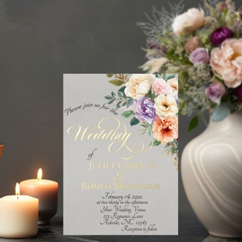 Spring Floral &amp; Wreath Monogram - Lt Grey Foil Invitation