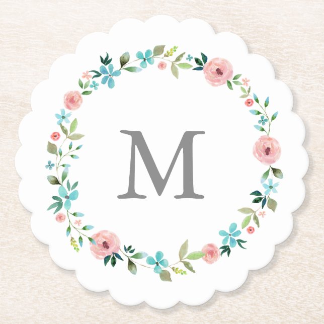 Spring Floral Wreath Monogram Paper Coaster (Front)