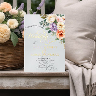Spring Floral & Wreath Monogram - Pearl White Foil Invitation