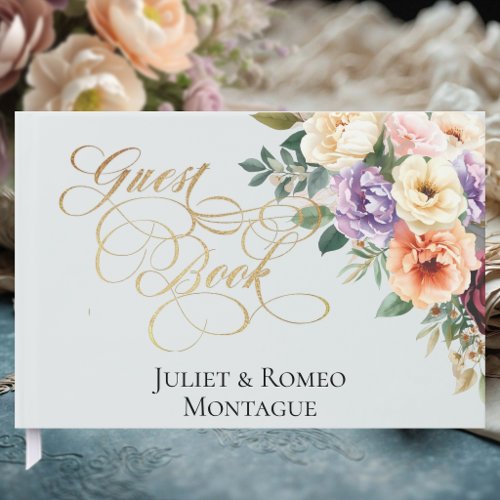 Spring Floral &amp; Wreath Monogram - Pearl White Guest Book