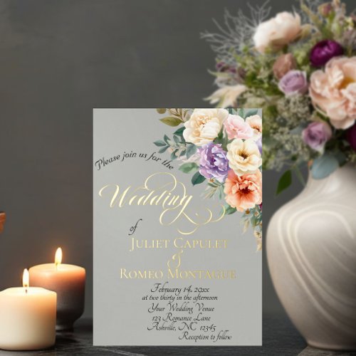 Spring Floral &amp; Wreath Monogram - Sage Foil Invitation