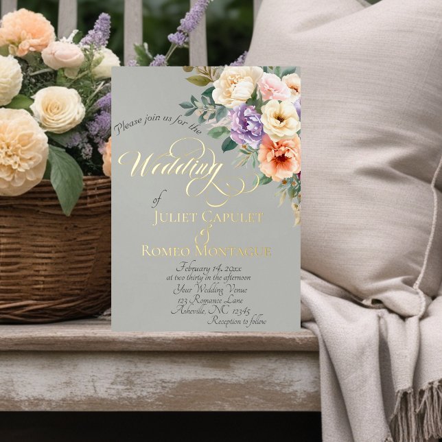 Spring Floral & Wreath Monogram - Sage Foil Invitation (Creator Uploaded)