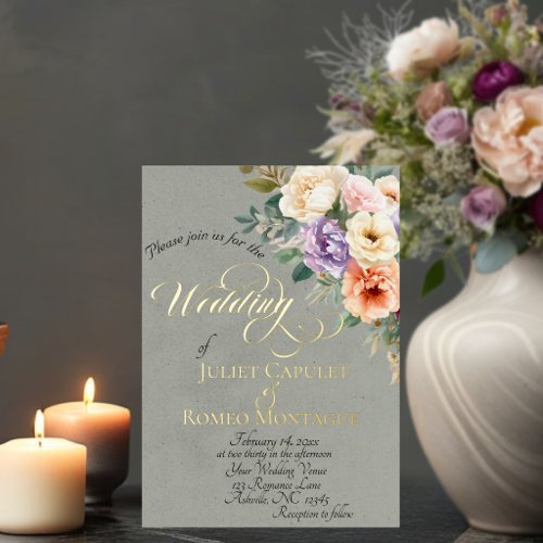 Spring Floral & Wreath Monogram - Sage Foil Invitation