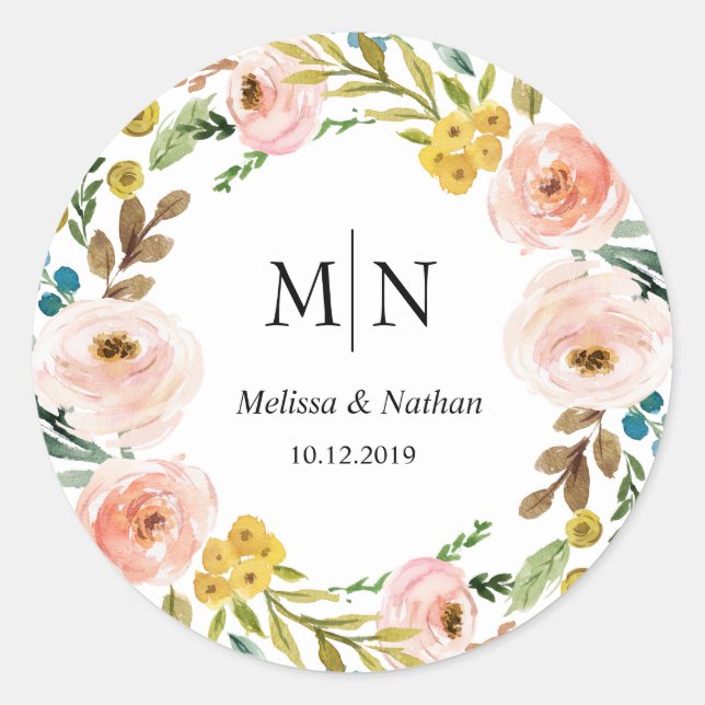 Spring Floral Wreath Wedding Monogram Sticker (Front)